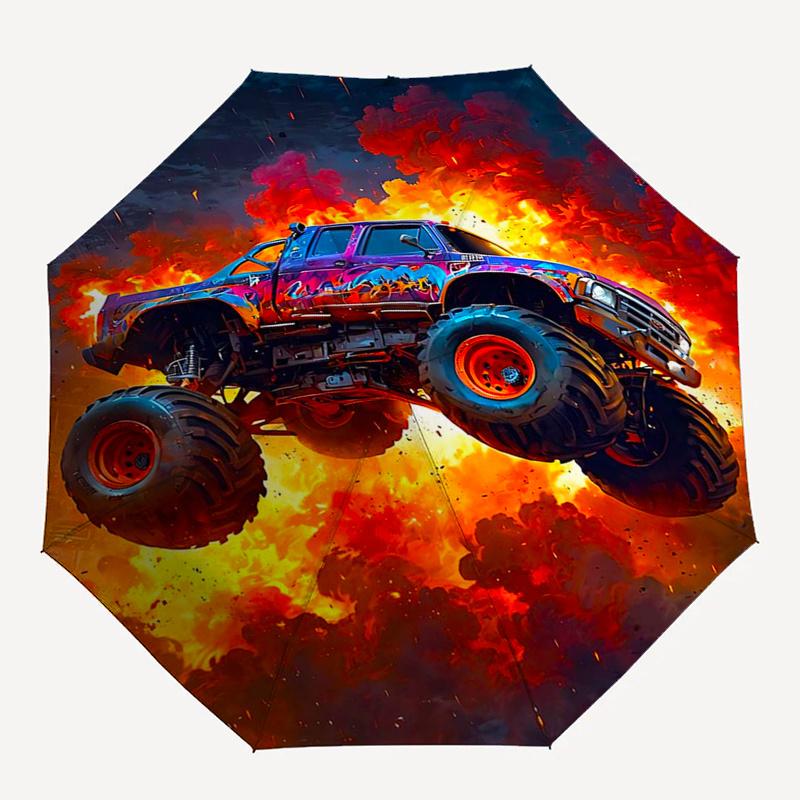 Monster Truck Themen-Reiseregenschirm mit 8 Speichen, Automatisches Öffnen und Schließen, Tragbares faltbares Design, Kompakter und stilvoller Schirm geeignet für