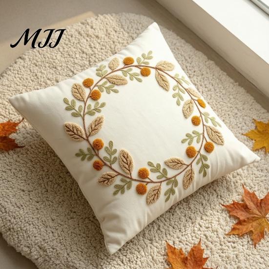 Fall Decorative Pillow Covers Autumn Wreath Cushion Cover, Thanksgiving Throw Leaf Embroidery Autumnal Bedroom Accent Cover Case for Sofa Couch