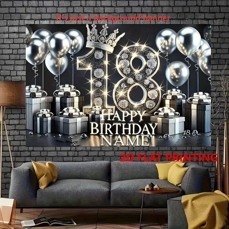 Sfondo per 18° Compleanno, Tessuto Sfondo Argento Nero, Decorazioni per Feste