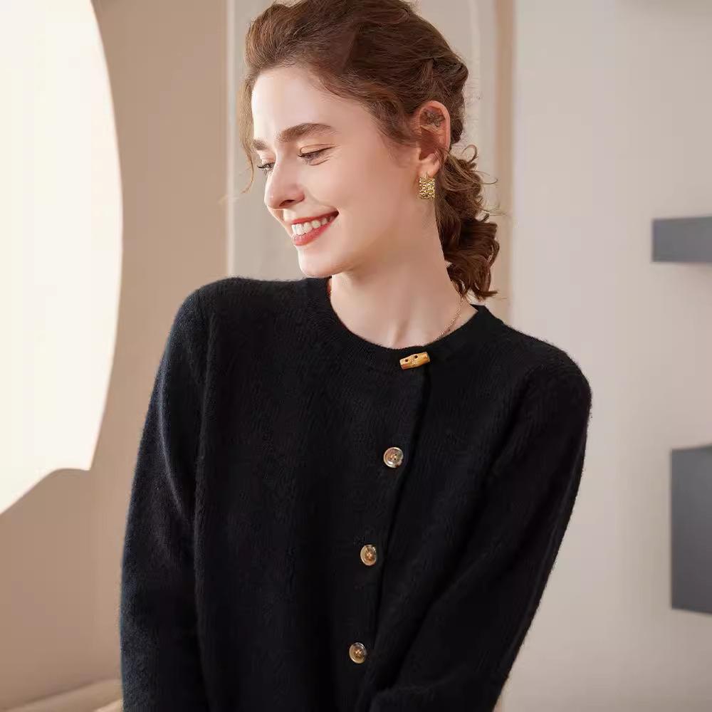 Damen Roter Kaschmir Rundhals-Cardigan - Unifarben, Seitenknopf, Locker, Figurschmeichelnde Strickoberbekleidung