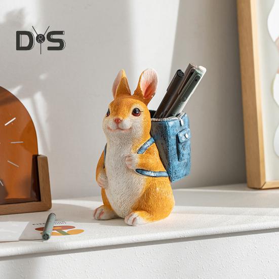 Rabbit Pen Holder Resin Bunny Figurine with Open Backpack Pencil Holder Decorative Rabbit Desk Organizer for Pens Pencils Makeup Brushes