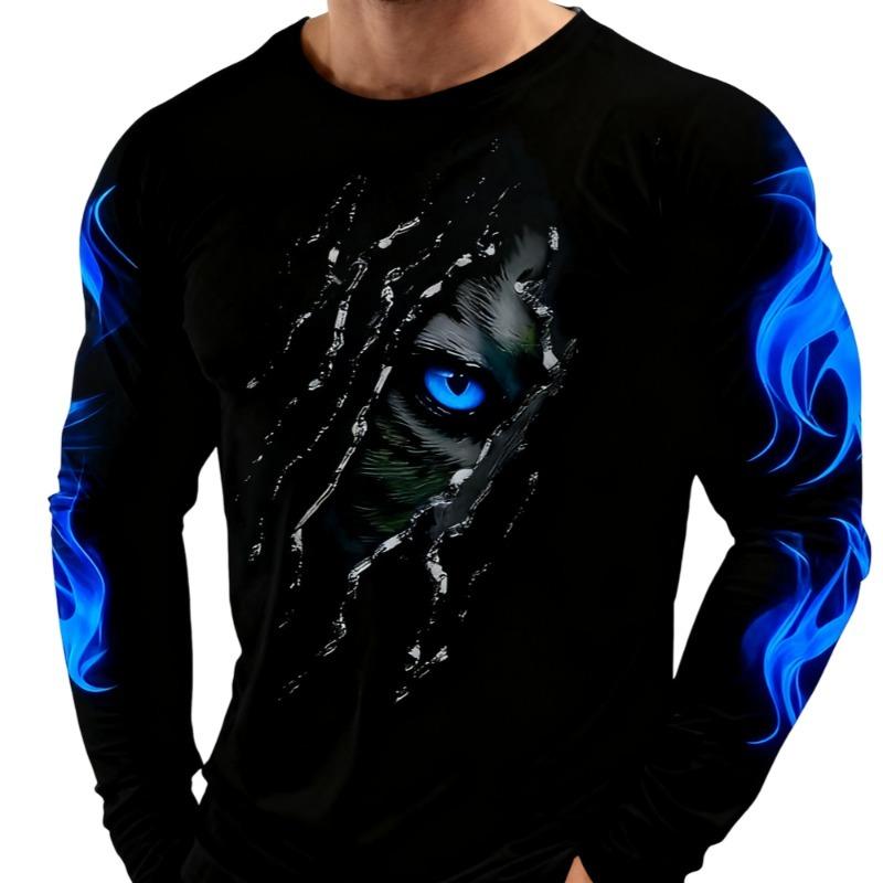 Men Halloween Cyan Purple Split‑Color Skull Graphic Long Sleeve T‑Shirt 3D Print Crew Neck Casual Pullover Streetwear Tops