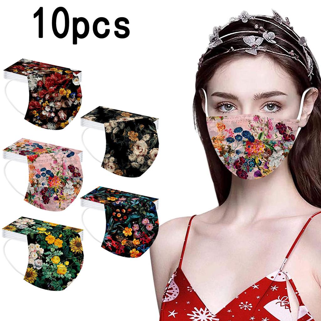 10PC Flower Print for Face Mask Disposable Earloop Mask