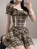 Letní kostkovaný retro oblek 2024: Elegantní košile s krátkým rukávem a volánová nadýchaná sukně pro ženy