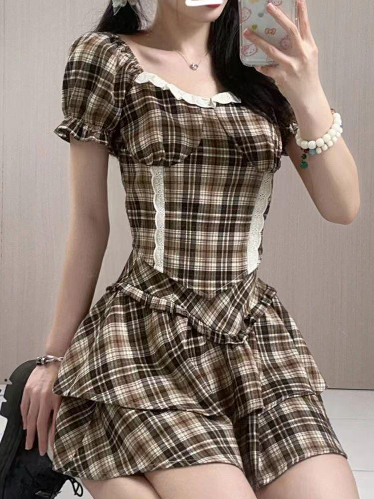 Letní kostkovaný retro oblek 2024: Elegantní košile s krátkým rukávem a volánová nadýchaná sukně pro ženy
