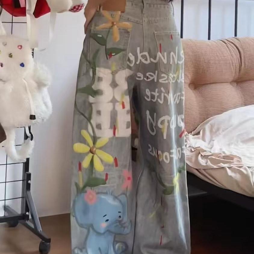 Nové džíny s grafitti vzorem pro ženy, rovný střih, retro, ležérní, široké kalhoty pro muže i ženy