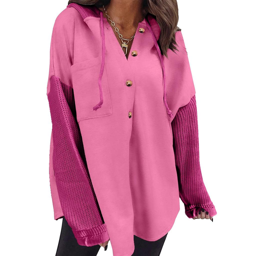 Women's Oversized Casual Long-Sleeve Button-Up Hoodie Knit Patchwork Hoodie With Pockets