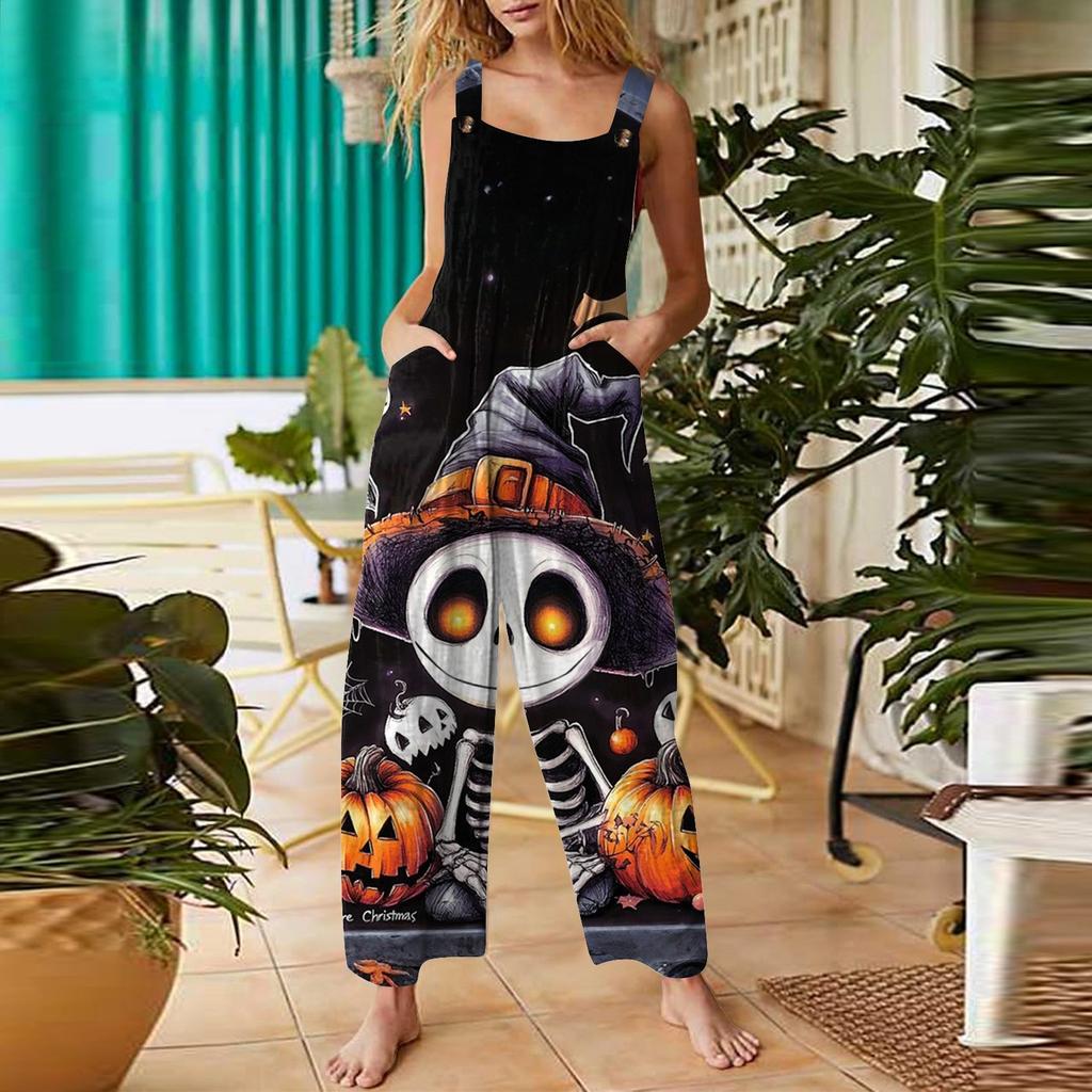 Women's Casual Halloween Printed Jumpsuit Sleeveless Printed Cotton Jumpsuit