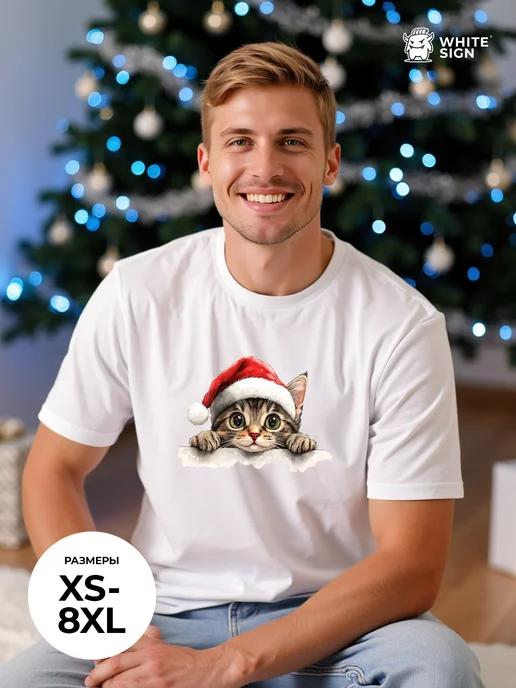 Oversized T-shirt with Kitten in a New Year s Hat print XL