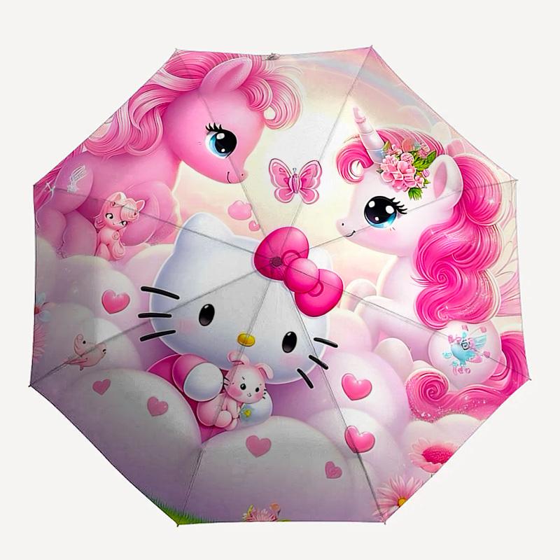 1pc Hello Kitty Unicorn umbrella automatic open/close, 8-Rib Durable Frame, Compact Folding Design, Ideal Birthday/Holiday Gift e1164A