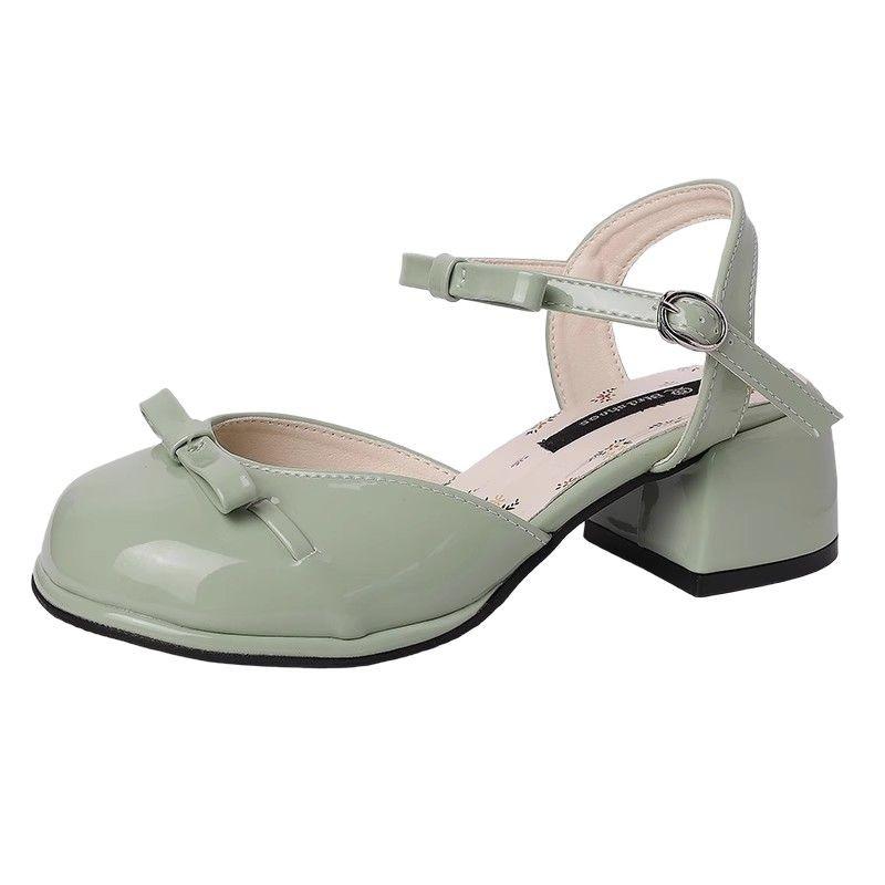 Fairy style bow women's wedge heel Mary Jane single shoes summer fashion open-toed square head temperament high-heeled slippers tide