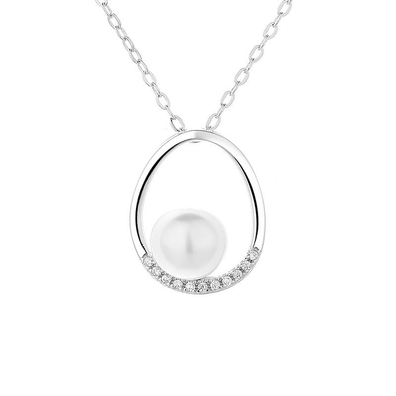 Single Pearl Necklace Women's Shiny Diamond Pendant Simple Retro Temperament Collarbone Chain Oval Necklace