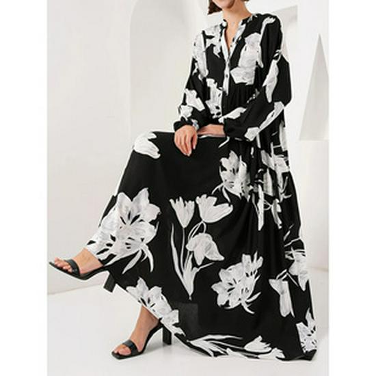 Elegantes Damenkleid mit V-Ausschnitt und langen Ärmeln im floralen Stil aus dem Nahen Osten