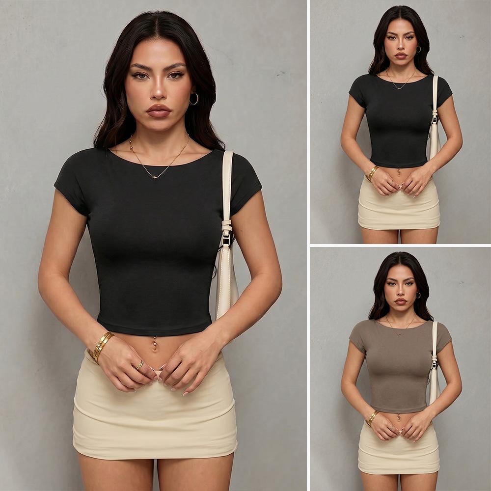 Women's Short Sleeve Crop Top Boat Neck Casual Slim Fit T-Shirt Solid Color Brushed Milk Fabric Y2K Streetwear Blouse Spring Daily Outfit