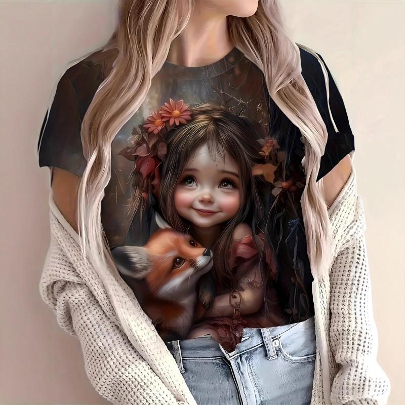 Casual Loose Fit Round Neck Short Sleeve T-Shirt With 3D Dog Print Women Men 2025