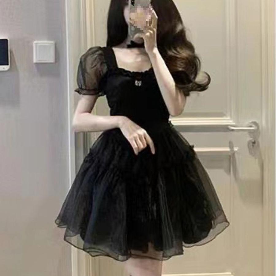 First Love French Retro Black Pure Desire Dress Women's Summer Design Niche Bubble Sleeve Mesh Fluffy Short Skirt