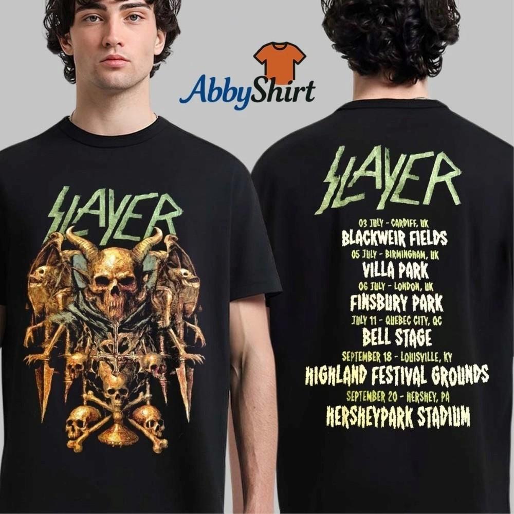 

Slayer Farewell Tour 2025 Skull Throne Art With Tour Dates 2 side shirt S5XL Unisex T-Shirt XXL