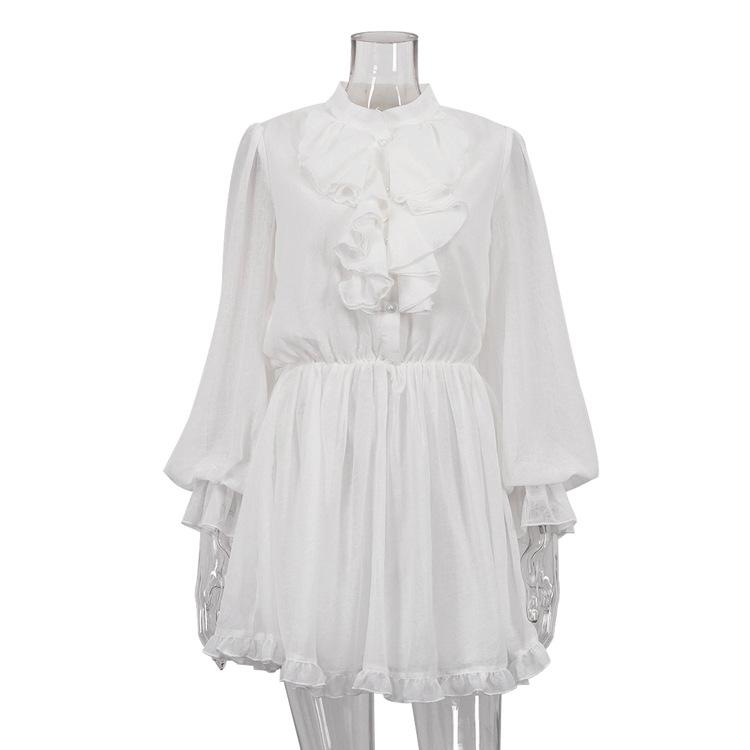 women s Ruffled Stand Collar Long Sleeve Elastic Waist A-Line Mini Dress Elegant Casual Party Short Dress S белый