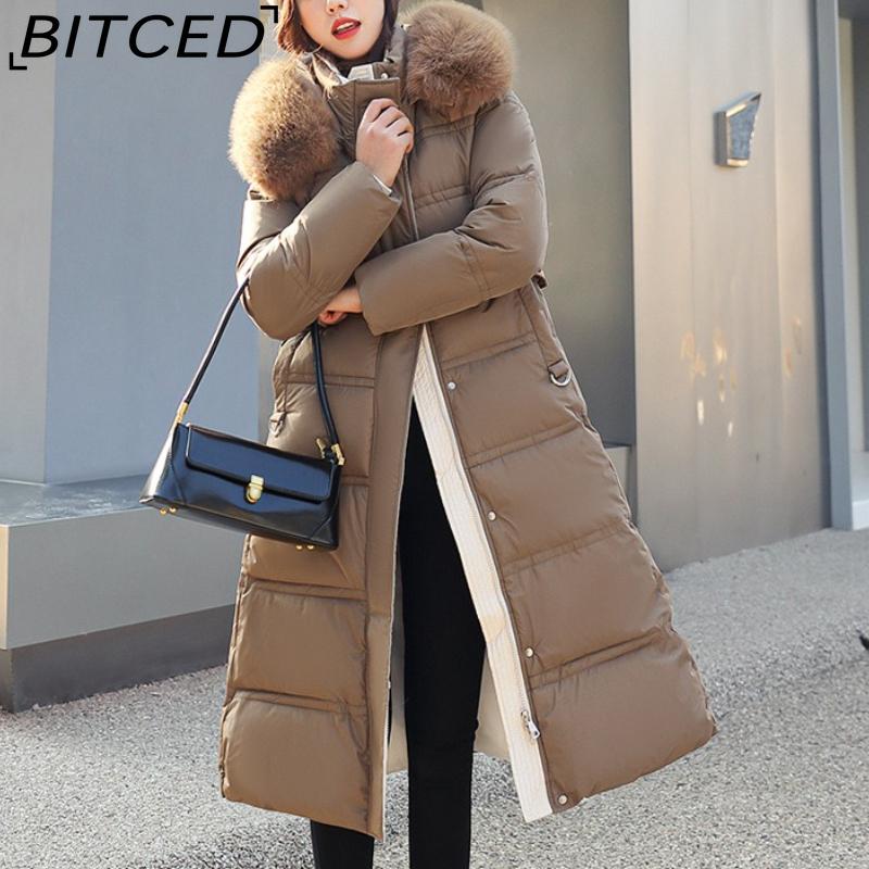 

BITCED Winter Down-Filled Cotton Coat for Women - Long Style, Knee-Length, Oversized Fur Collar, Slim-Fit, Belted Design, Cotton XL кофейный/хаки