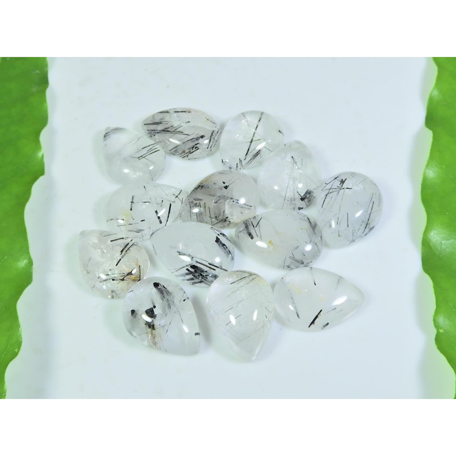 

12X16 MM Natural Black Rutile Pear Cabochon Loose Gemstone 13 Pcs Lot A-246