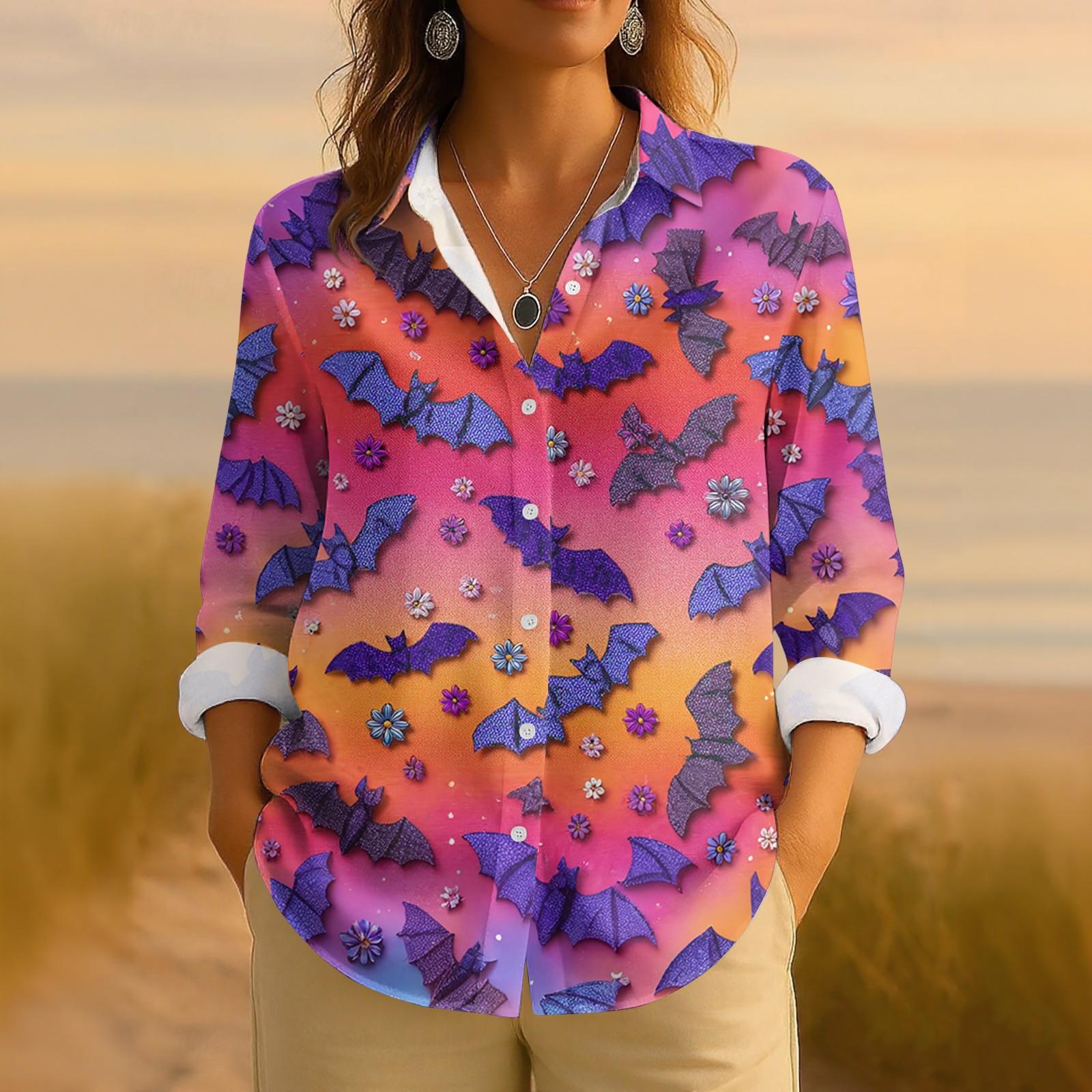 

Женская ретро рубашка с принтом на Хэллоуин, на пуговицах, с длинным рукавом, повседневная, с обычным воротником XL фиолетовый