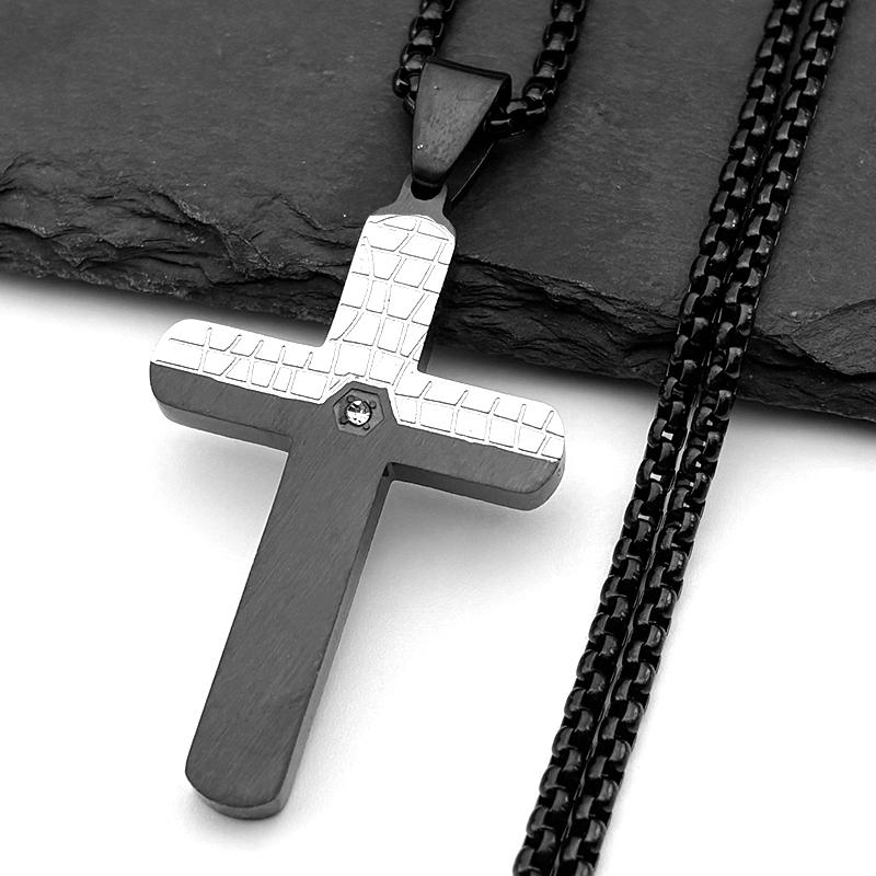 Texture Cross Pendant Necklace for Men Women Stainless Steel Gold Silver Color Christian Rhinestone Chain Amulet Jewelry Gift