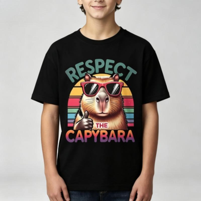 Respect The Capybara Tshirt Funny Animal Graphic Print Retro Rainbow Casual Tee Black White