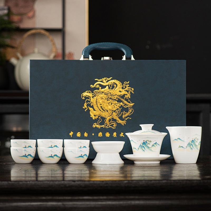 Premium beauty suet jade white porcelain kung fu tea set, household Xishi pot tea cup light luxury high-end gift box