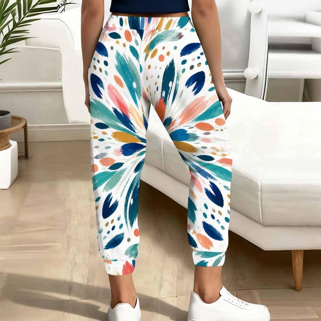 Women Plus Size Colorful Printed Jogger Pants Drawstring Waist Side Pockets Cuffed Ankle
