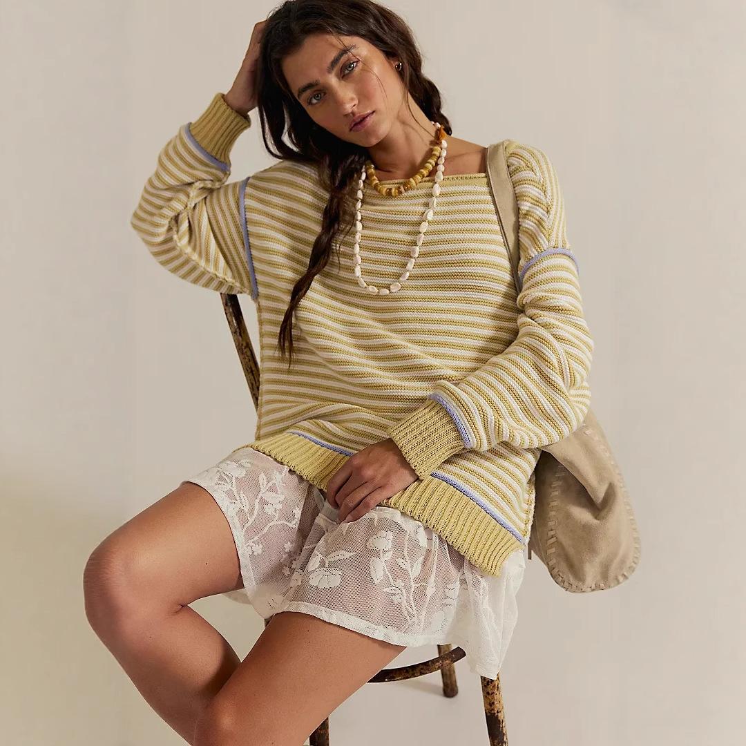 

Желто-белый полосатый вязаный свитер классического полосатого узора L жёлтый