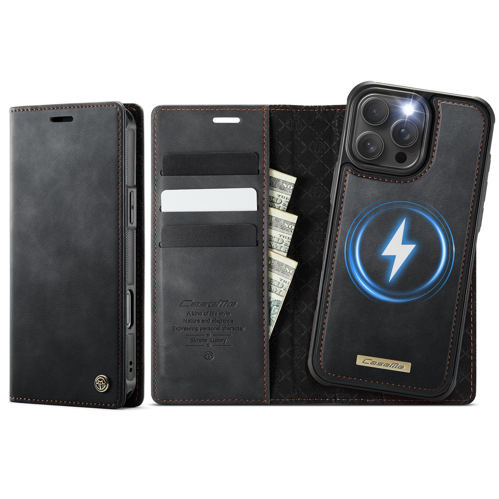 

For iPhone 16 Pro Case CASEME C49 Compatible with MagSafe RFID Blocking Detachable Wallet Leather Phone Cover Black