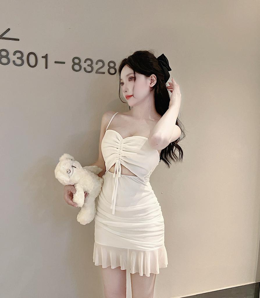 Pure Desire Style Sexy Mesh Splicing Temperament Suspender Dress Women's Waist and Thin Small Black Dress Drawstring Hip-wrapped Short Skirt