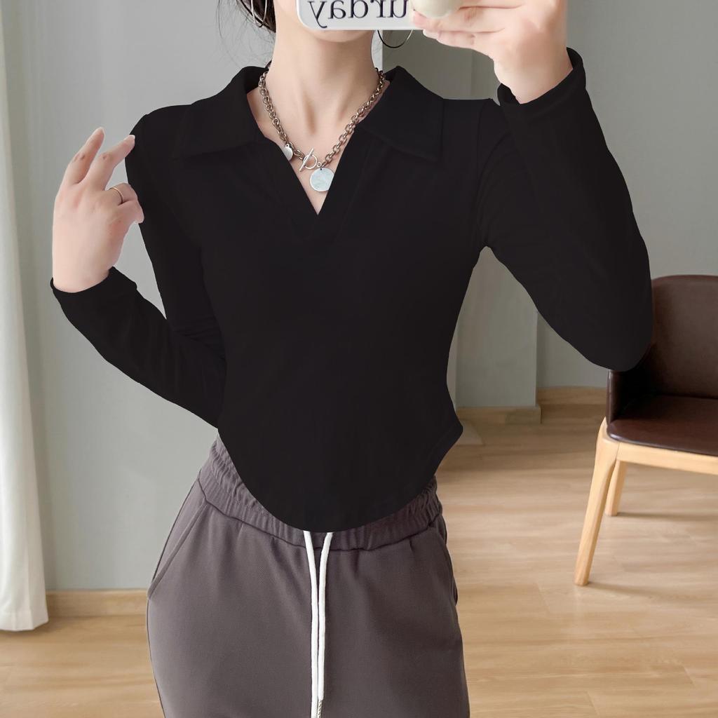Women's Black Pure Cotton Polo Collar Long-Sleeve Slim-Fit T-Shirt, Curved Hem, Versatile Spring/Autumn Style.