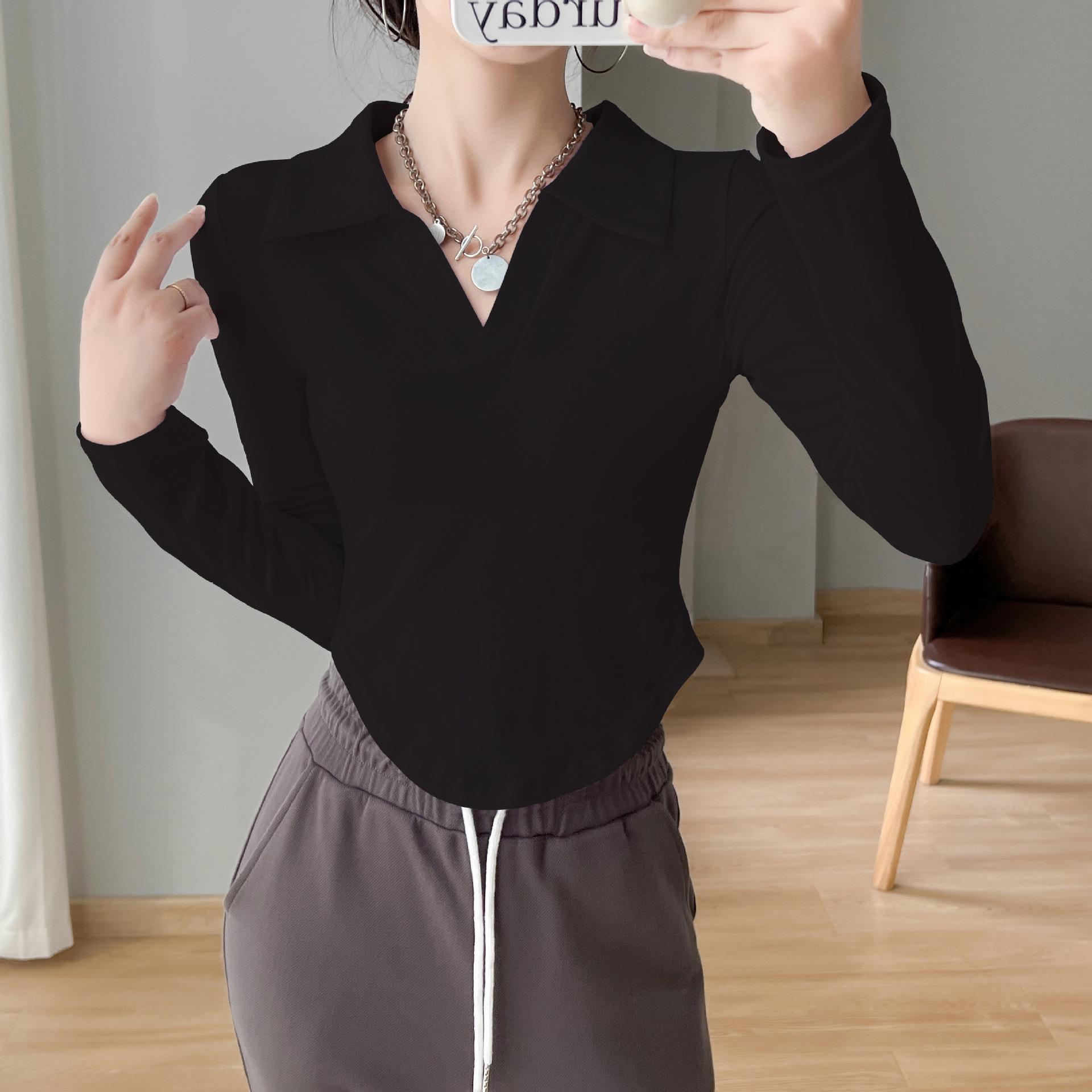 

Женская черная футболка из чистого хлопка с воротником поло, длинным рукавом, облегающего кроя, с изогнутым подолом, универсальный стиль для весны/осени. M (for 90-102 pounds) чёрный