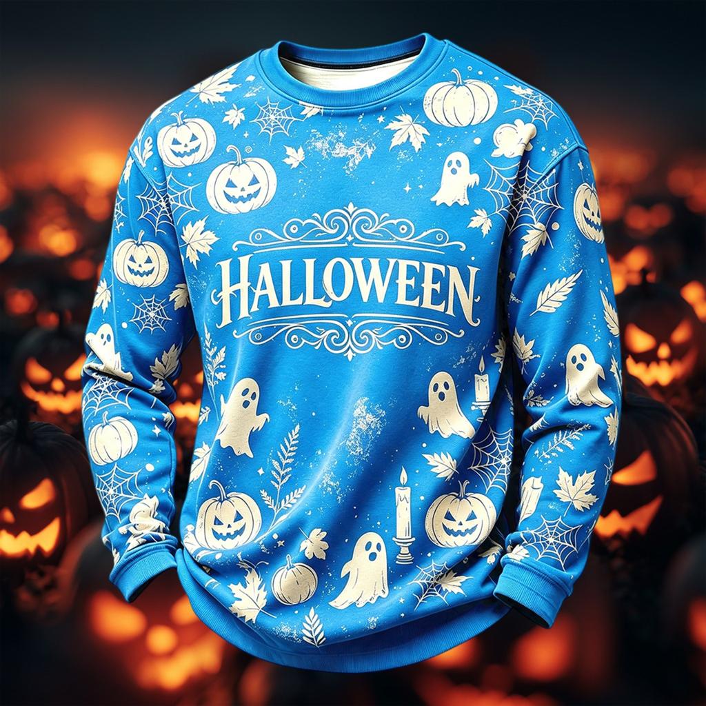 Men's Casual Round Neck Long Sleeve Top with Halloween Print