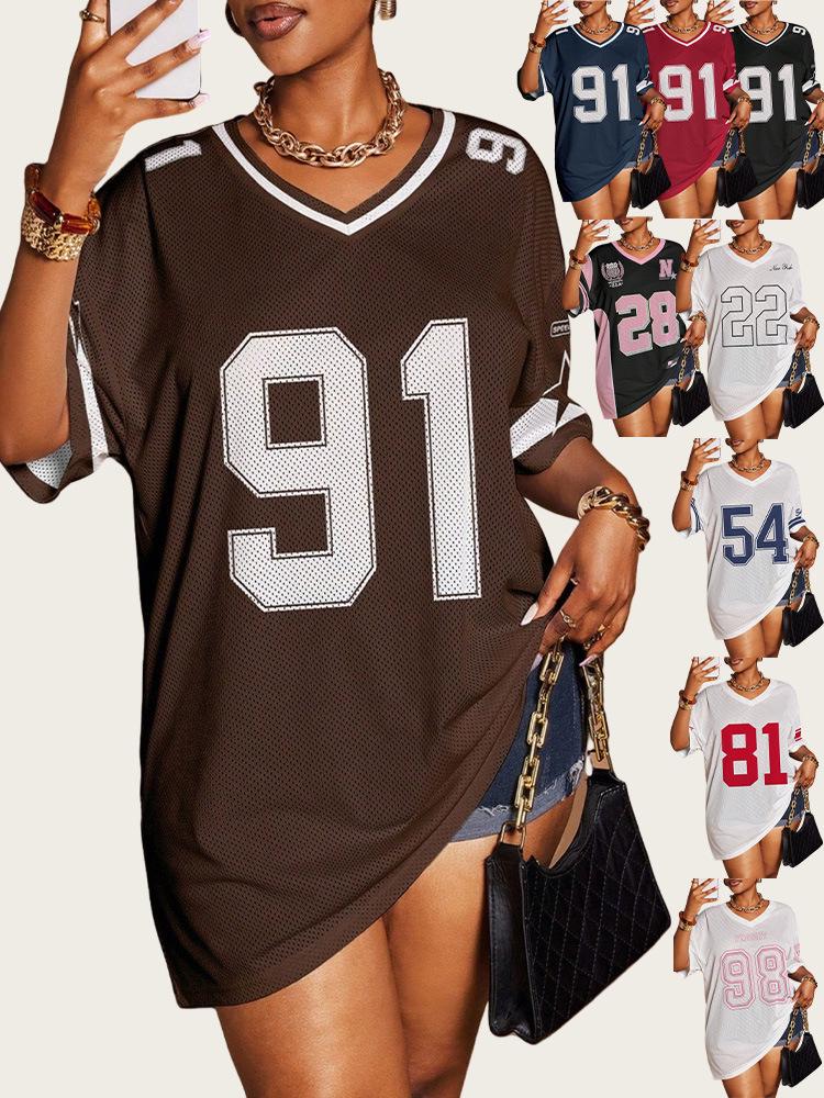 Women's Loose V-Neck Sporty Mesh T-Shirt with Digital Print