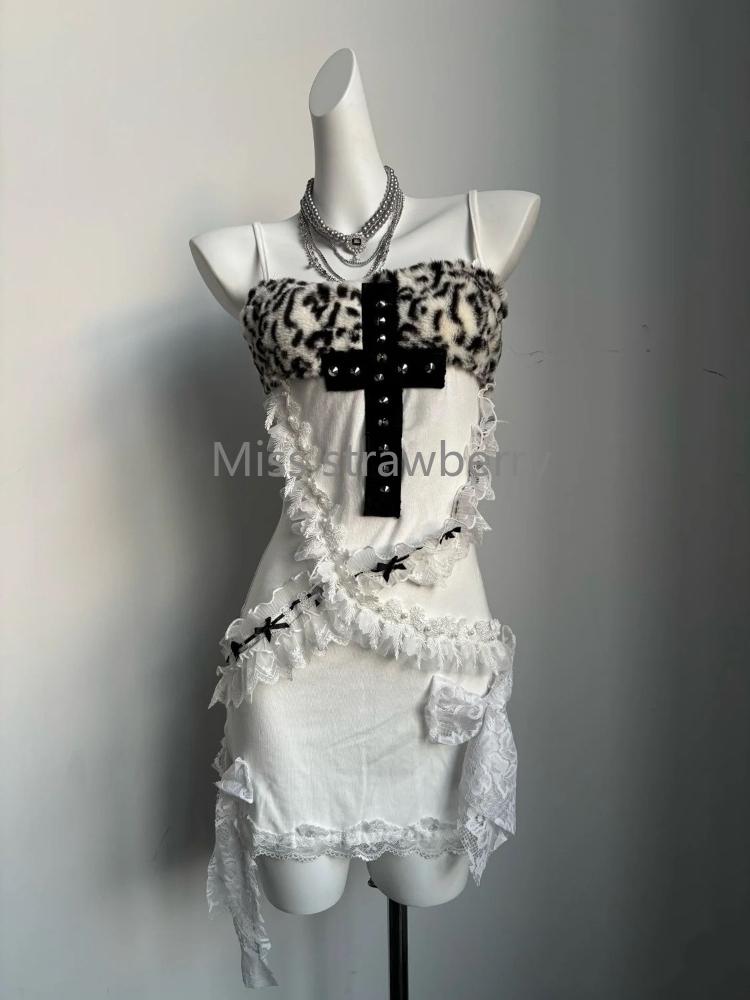 American Hottie Cross One Piece Dress Woman Gothic Y2k Leopard Print Lace Slip Dresses Aesthetic Hepburn Fashion Design Clothes
