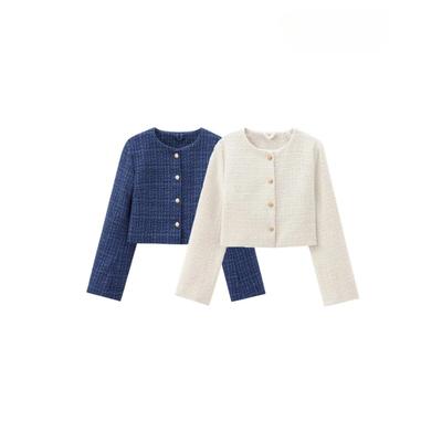 Women's Tweed Crop Jacket with Golden Buttons O Neck Long Sleeve Coat Female Outerwear