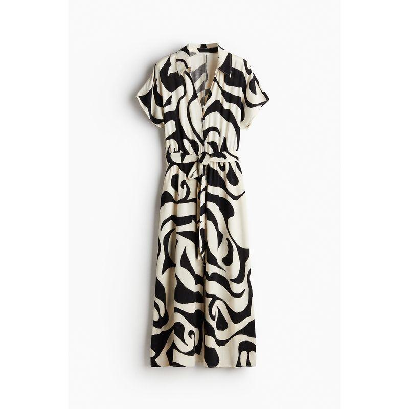 

HM Women s Clothing Florals Dress Autumn Commuting Elegant Waist Belt Shirt Short Sleeve Dress 1233620 Cream/Pattern 155/80