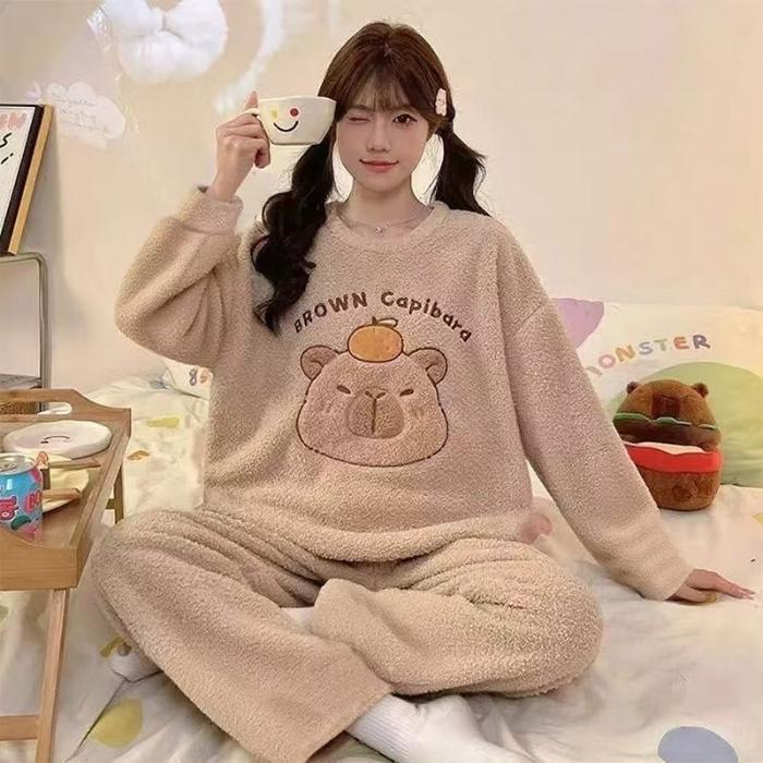 2024 Autumn Winter Flannel Warm Women's Pajamas Sets Long Sleeve Women Sleepwear Plaid Pants Two Piece Set Pyjamas Coral Velvet Pijama Homewear Girl