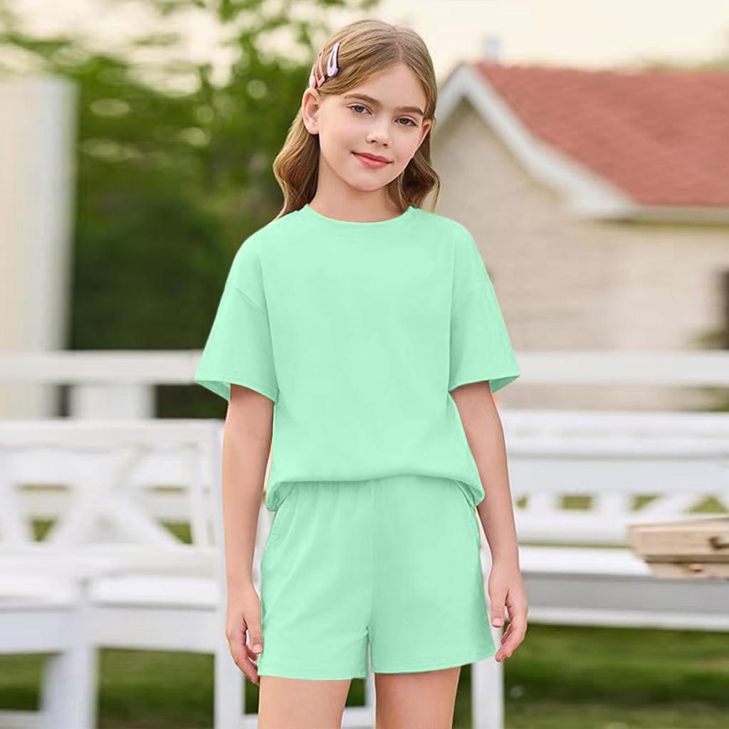 Girls Short Sleeve T Shirt and Shorts Set Soft Fabric Round Neck Relaxed Fit Casual Outfit for Kids and Teens