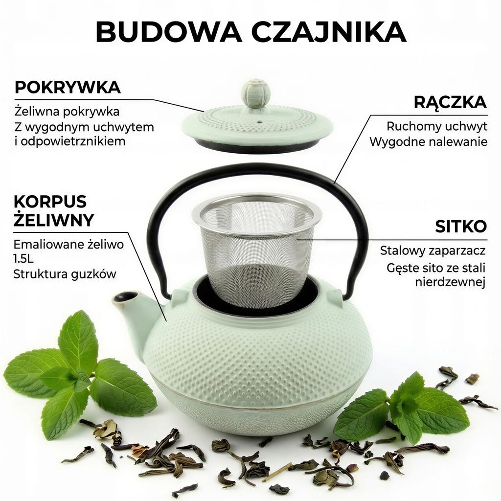 Cast Iron Kettle 1.5L Mint Infuser Steel Strainer For Herbal Tea