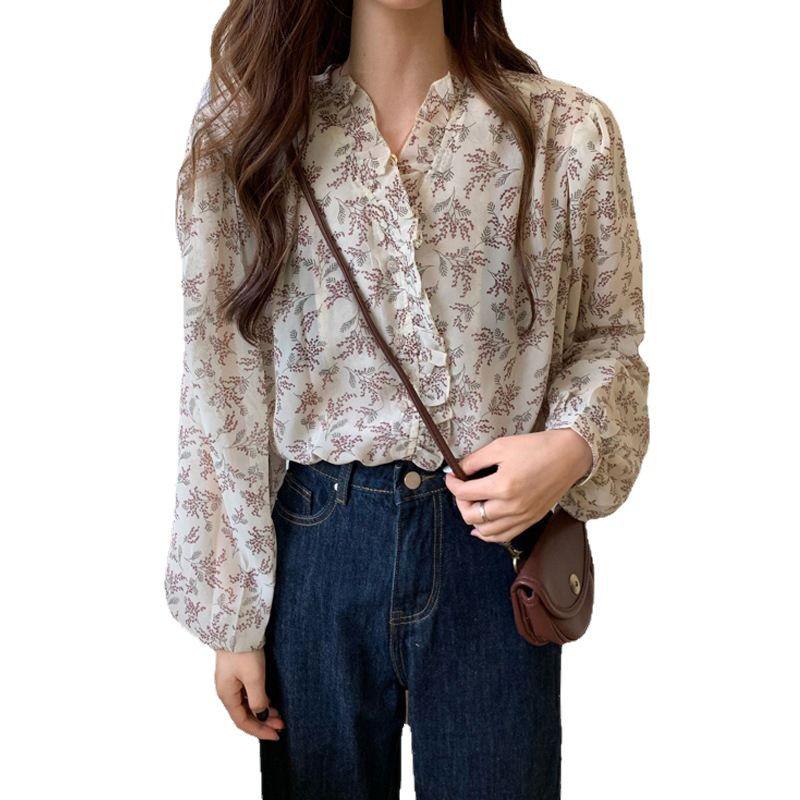 2025 Chic Korean Style Floral Chiffon Women's Long-Sleeve Puff Shirt