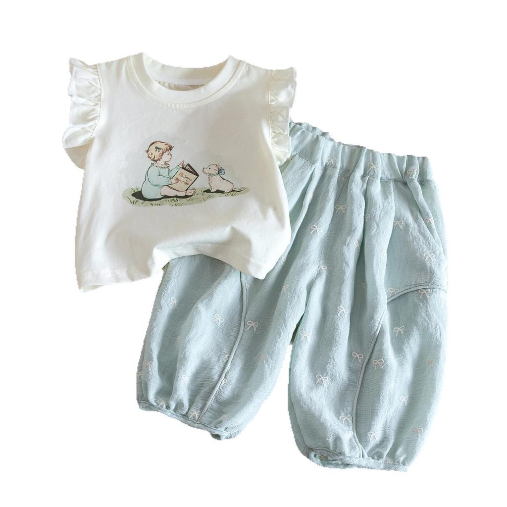 Girls Cute Flutter Sleeve T Shirt And Bow Lantern Pants 2 Piece Set Comfortable Baby Summer Outfit