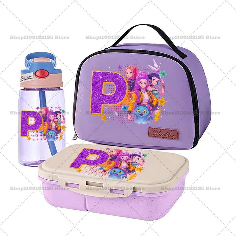 Kpop Dämonenjäger Bento-Box+Lunchtasche+Wasserflasche 3er-Set RUMI ZOEY Cartoon Schüler Schulsachen Lebensmittelbehälter Trinkgeschirr