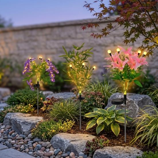 Stainless Steel Ground Stake Lamps 2Pcs Artificial Flower Solar Lights, Lily Bamboo Wisteria Garden Lights Powered Firefly Waterproof Pathway