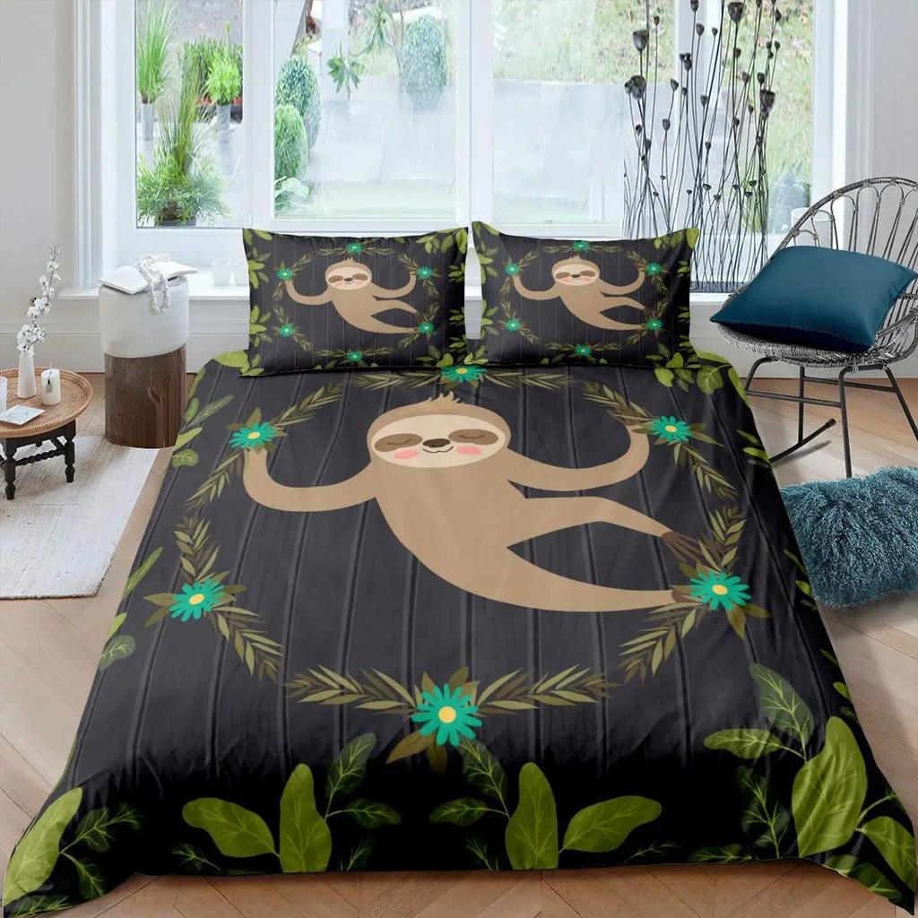 Cartoon Sloth King Queen Duvet Cover Kids Cute Animal Bedding Set Bathtub Decor Blue Comforter Cover Soft Polyester Quilt Cover