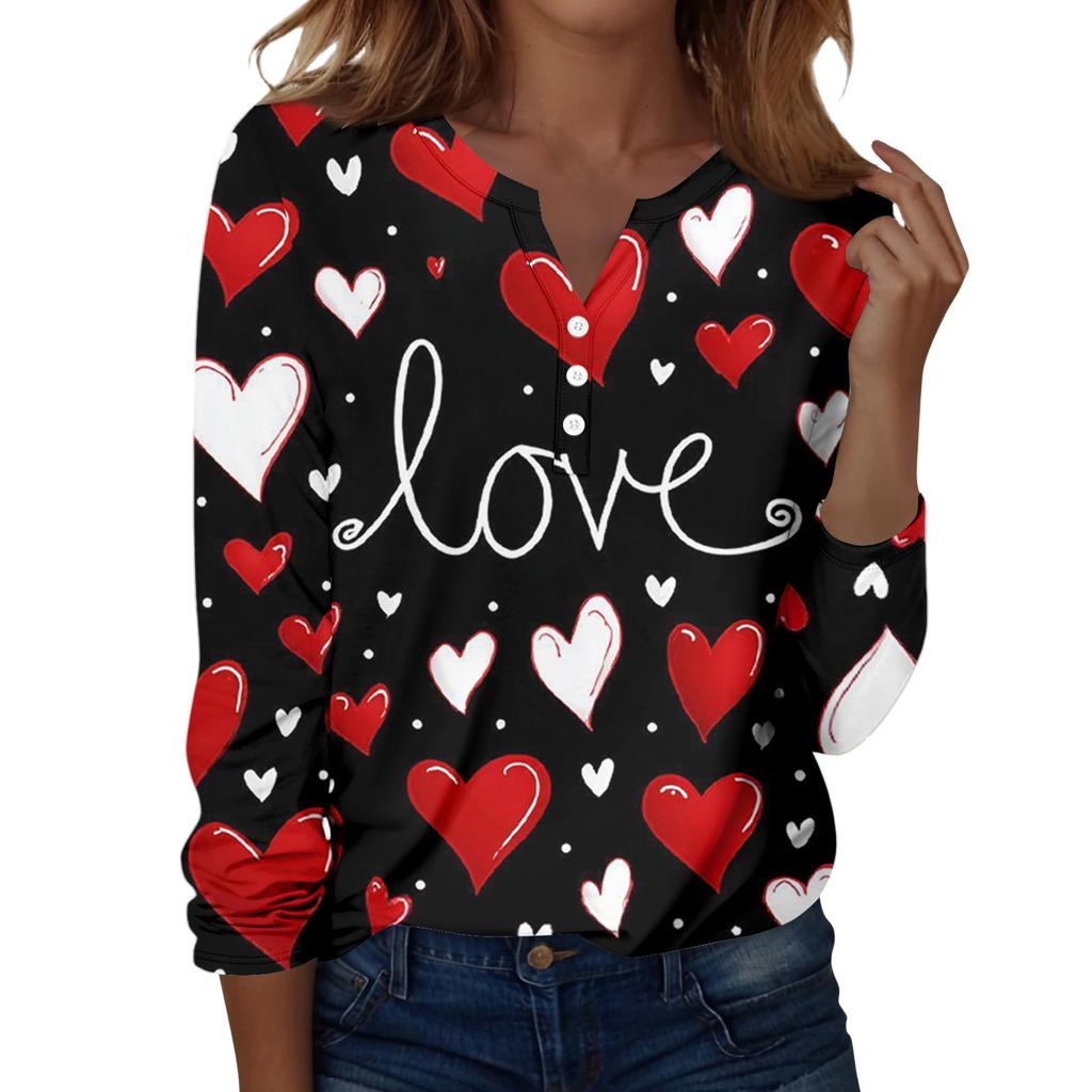 Damen T-Shirt mit Weihnachtsdruck, Knopfleiste, lange Ärmel, für den Alltag, Wochenende, modisch, Basic, V-Ausschnitt, normales Oberteil