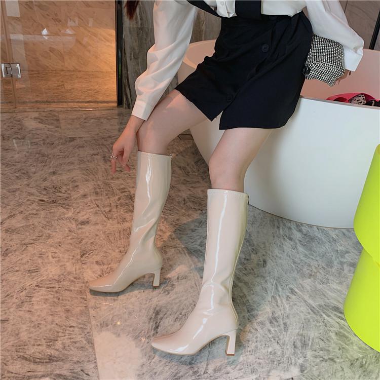 Milky white but knee boots women's high heels small tall knight boots thick heels autumn and winter thin elastic boots