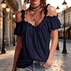 Women Tops Shoulder Straps Design Off Shoulder Ruffle Collar T-shirt Pure Color Loose Fit Short Sleeve Summer Tops